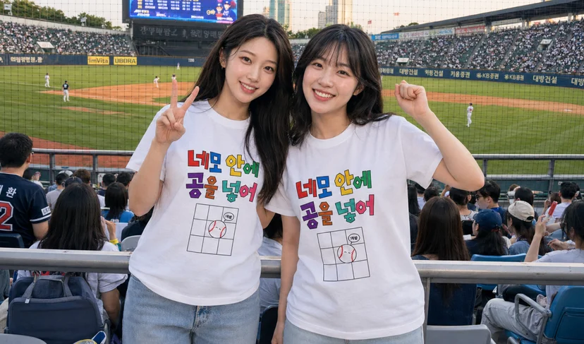 마플 야구 직관 티셔츠 – ‘네모 안에 공을 넣어’ 문구와 스트라이크존 그래픽을 인쇄한 티셔츠를 친구와 맞춰 입고 야구장에서 촬영한 이미지