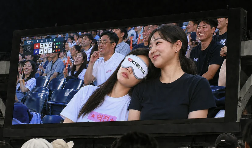 마플 커스텀 수면안대 – ‘역전하면 깨워주세요’ 문구를 인쇄한 수면안대를 착용하고 친구에게 기대어 야구 경기를 관람하는 모습이 전광판에 잡힌 이미지