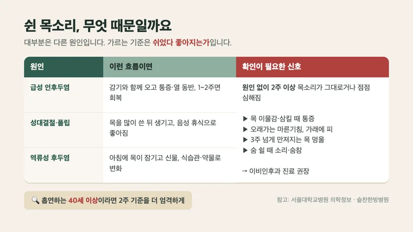 쉰 목소리 감별표 — 급성 인후두염, 성대결절·폴립, 역류성 후두염과 확인이 필요한 신호
