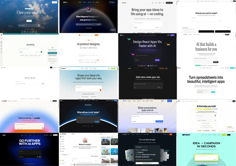 모든 AI 제품 홈페이지가 prompt bar 하나로 수렴하는 풍경, "the new UX era" · 이미지 출처: Yaakov Carno, Growth Unhinged