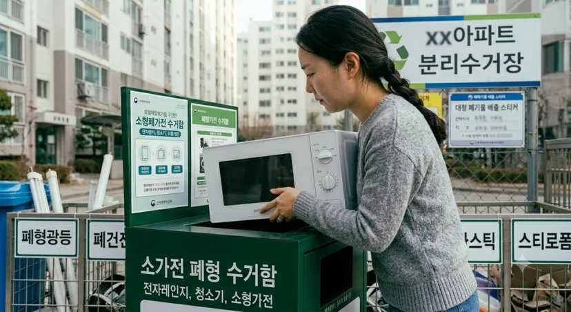 아파트 분리수거장에서 소가전 폐형 수거함에 소형 화이트 전자레인지를 배출하는 모습