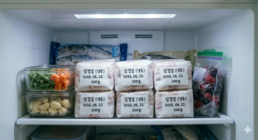 냉동실 선반에 '삼겹살 (냉동) 2026.06.22 200g' 라벨이 붙은 종이 포장 삼겹살 6팩