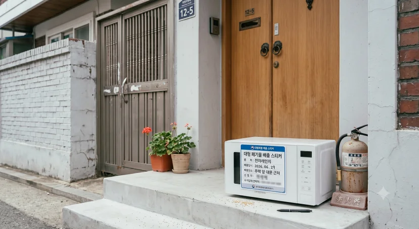 주택 현관문 앞 계단에 대형 폐기물 배출 스티커를 부착해 배출해 둔 화이트 전자레인지