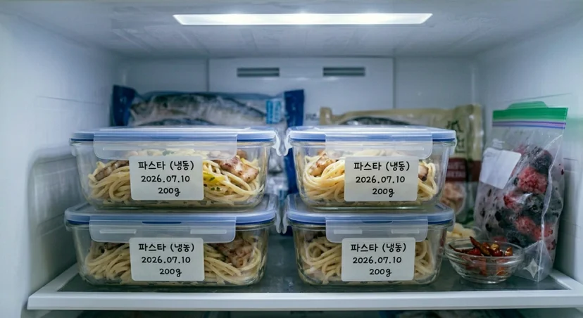 냉동실 선반에 '파스타 (냉동) 2026.07.10 200g' 라벨이 붙은 유리 용기 4개가 쌓인 모습