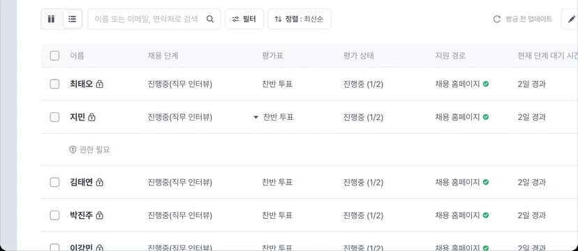 지원자별 채용 단계와 평가 상태, 현재 단계 대기 시간을 보여 주는 지원자 관리 리스트형 보기