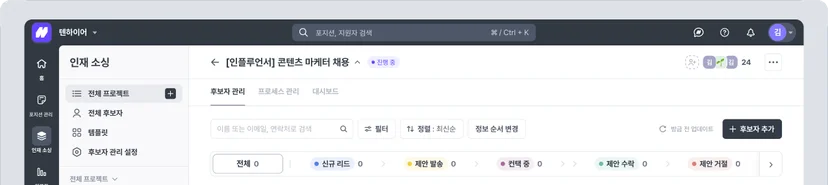나인하이어 TRM 프로젝트의 후보자 관리 탭에서 신규 리드, 제안 발송, 컨택 중, 제안 수락, 제안 거절 다섯 단계를 보여 주는 화면