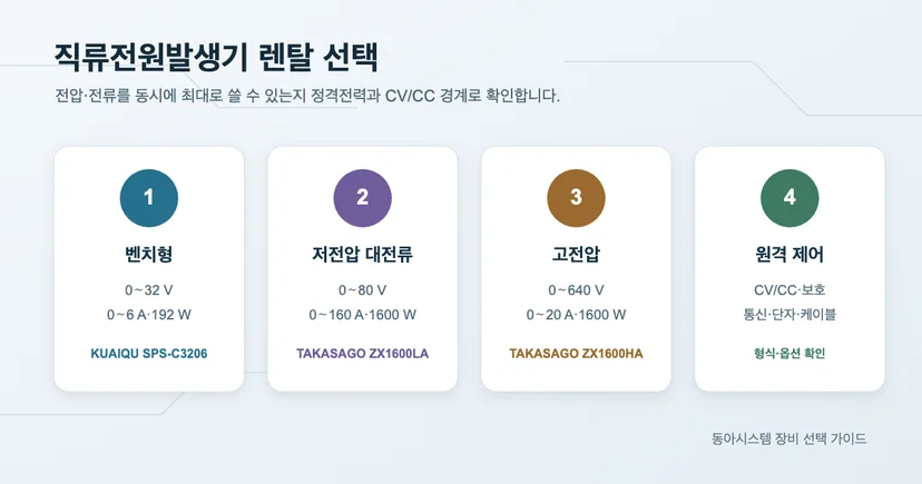 DC 전원공급기 렌탈 모델을 전압과 전류, 전력으로 나눈 도해