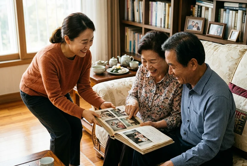 칠순 부모님과 함께 가족사진 포토북을 펼쳐 보는 모습