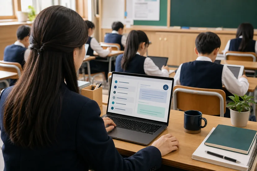 교사가 학생의 AI 질문과 응답 기록을 살펴보는 수업 장면