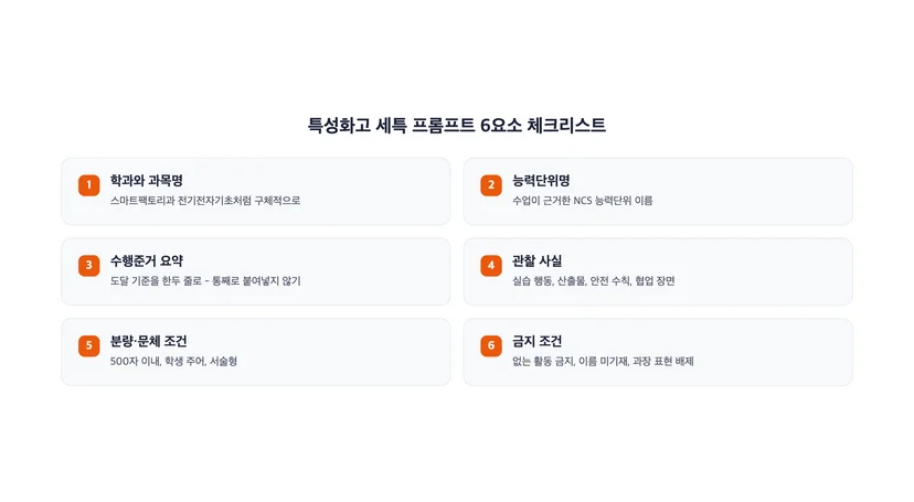 특성화고 세특 프롬프트에 넣을 여섯 가지 요소를 정리한 체크리스트