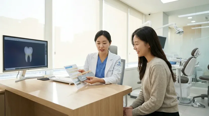 커피나 흡연으로 착색된 치아와 과산화수소 작용으로 미백된 치아를 비교 설명하는 치과 장면으로 치아미백 방법의 원리를 시각적으로 표현한 이미지  