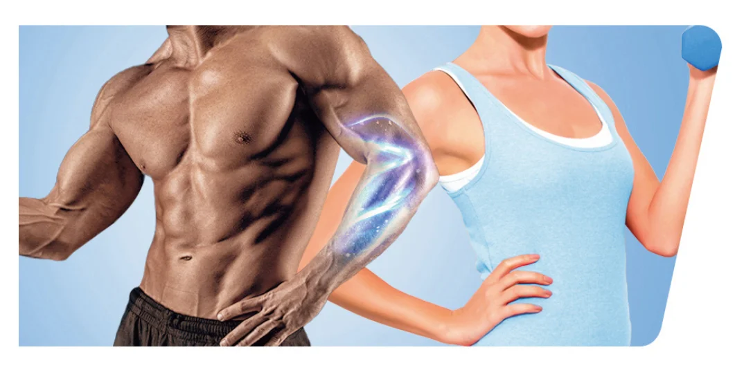 아령을 들고 있는 건강한 남녀의 모습