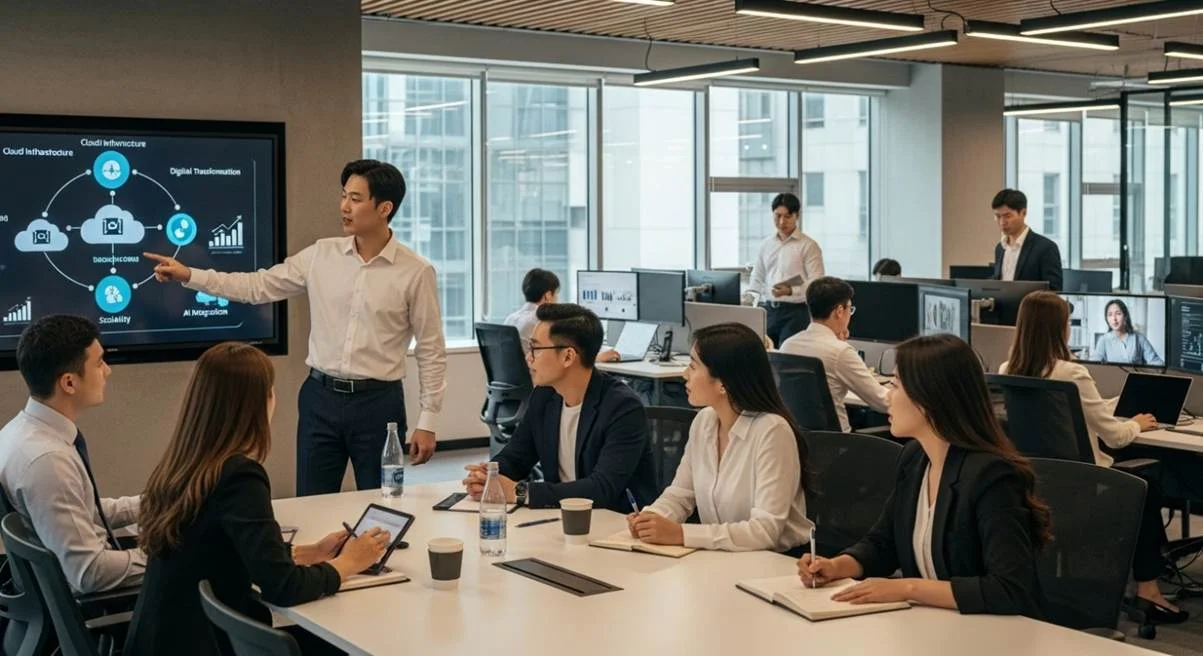 현대적인 사무실에서 클라우드 기술과 디지털 혁신 전략을 논의하는 전문가들