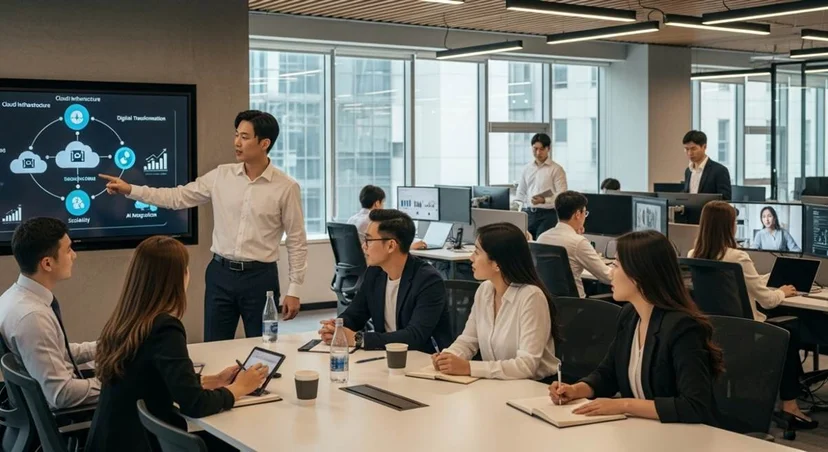 현대적인 사무실에서 클라우드 기술과 디지털 혁신 전략을 논의하는 전문가들