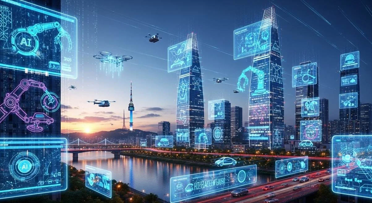 하이퍼자동화 및 AI 통합이 강조된 서울 미래 도시 전경