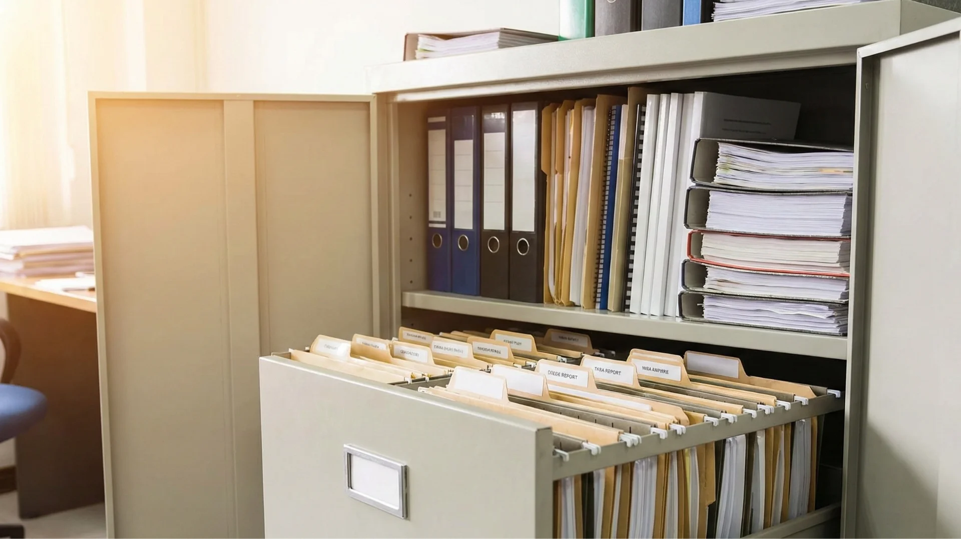 종이 형태의 서류들이 캐비닛에 보관되어 있는 모습