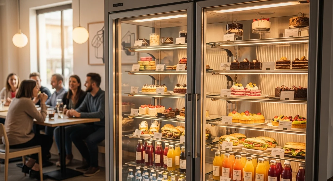 모던한 프랜차이즈 카페에서 다양한 디저트와 음료가 아름답게 진열된 쇼케이스 냉장고가 고객의 시선을 사로잡는 모습.