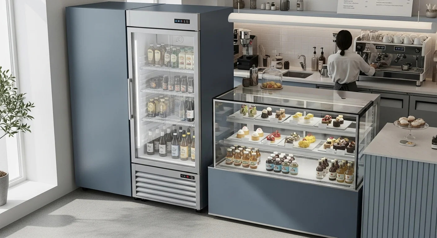 깔끔하고 현대적인 프랜차이즈 카페 주방의 블루-그레이 냉장고와 쇼케이스 냉장고, 내부에는 신선한 디저트와 음료가 진열되어 있습니다.