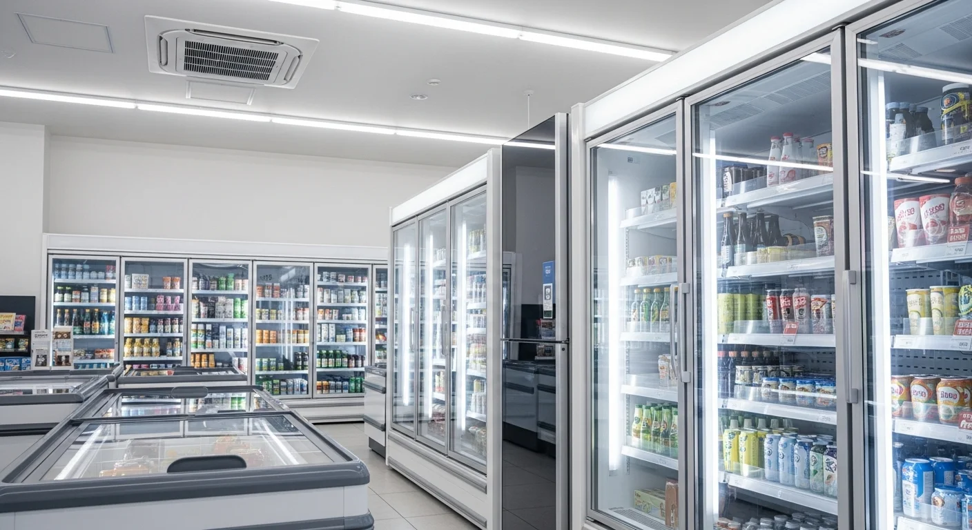 밝고 현대적인 편의점 내부, 고효율 냉장고 쇼케이스와 시스템 에어컨이 설치되어 전기세를 절감하는 모습.
