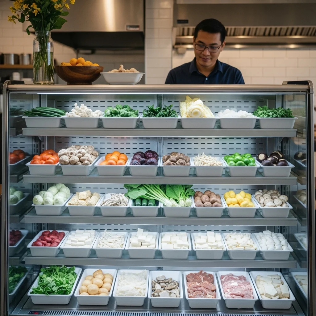 신선한 마라탕 재료가 가득 채워진 현대적인 마라탕 냉장고 내부, 사업자를 위한 최적의 위생과 신선도 관리.