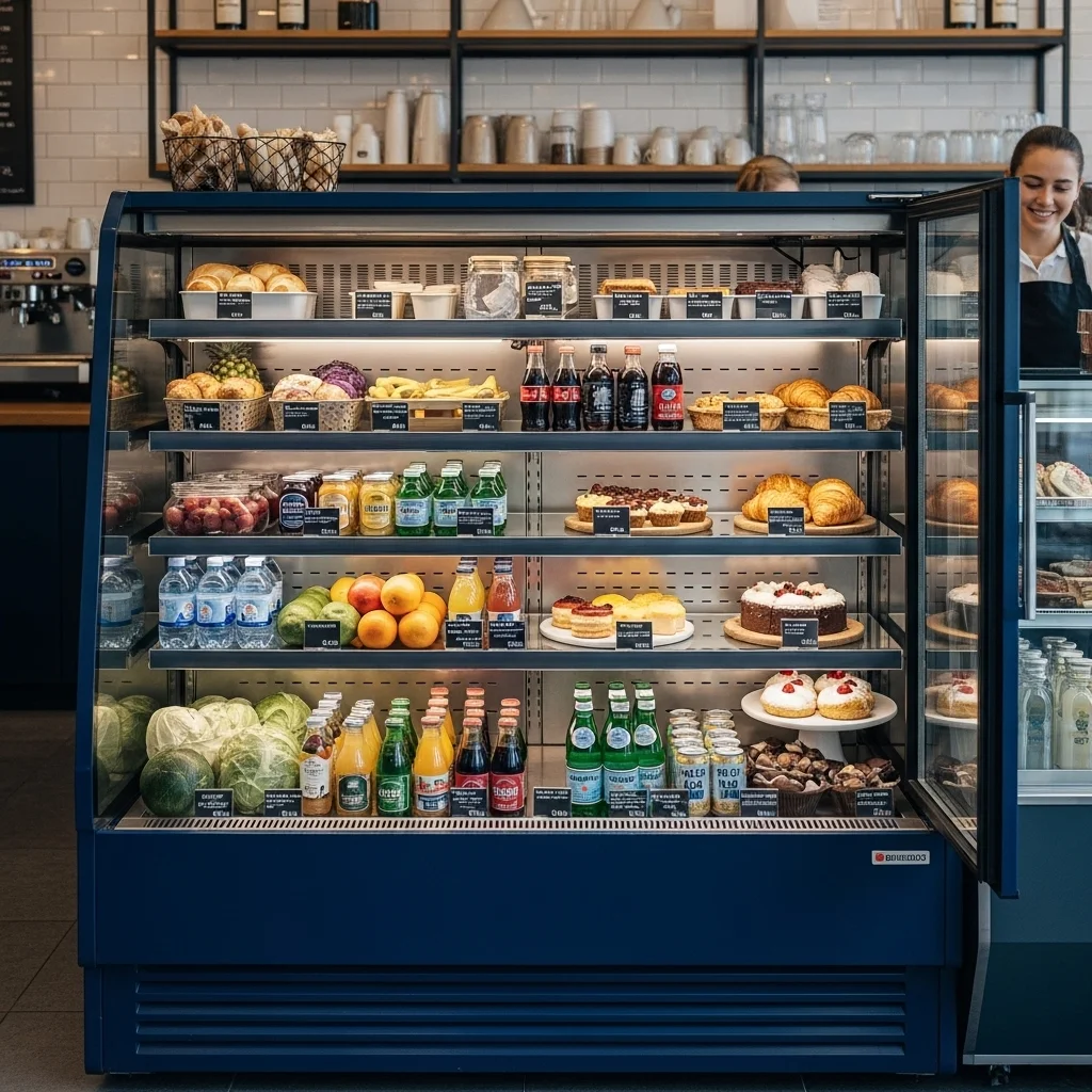 다채로운 상품으로 가득 채워진 현대적인 업소용 오픈 냉장고가 밝고 깔끔한 매장에 놓여 있는 모습