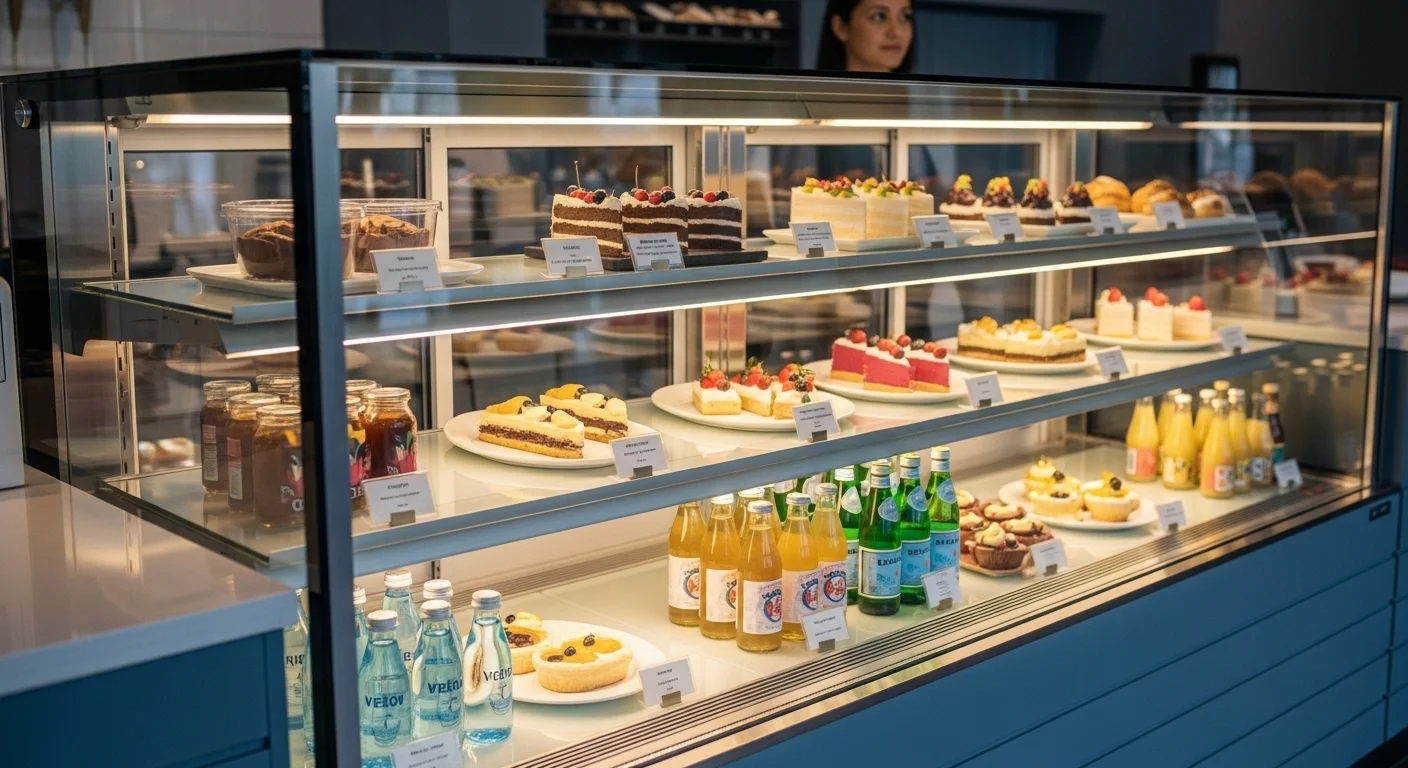 고급스러운 베이커리 매장에 진열된 세련된 블루 그레이 톤의 다단 쇼케이스에 신선하고 먹음직스러운 빵과 디저트, 음료들이 아름답게 배열되어 있는 모습.