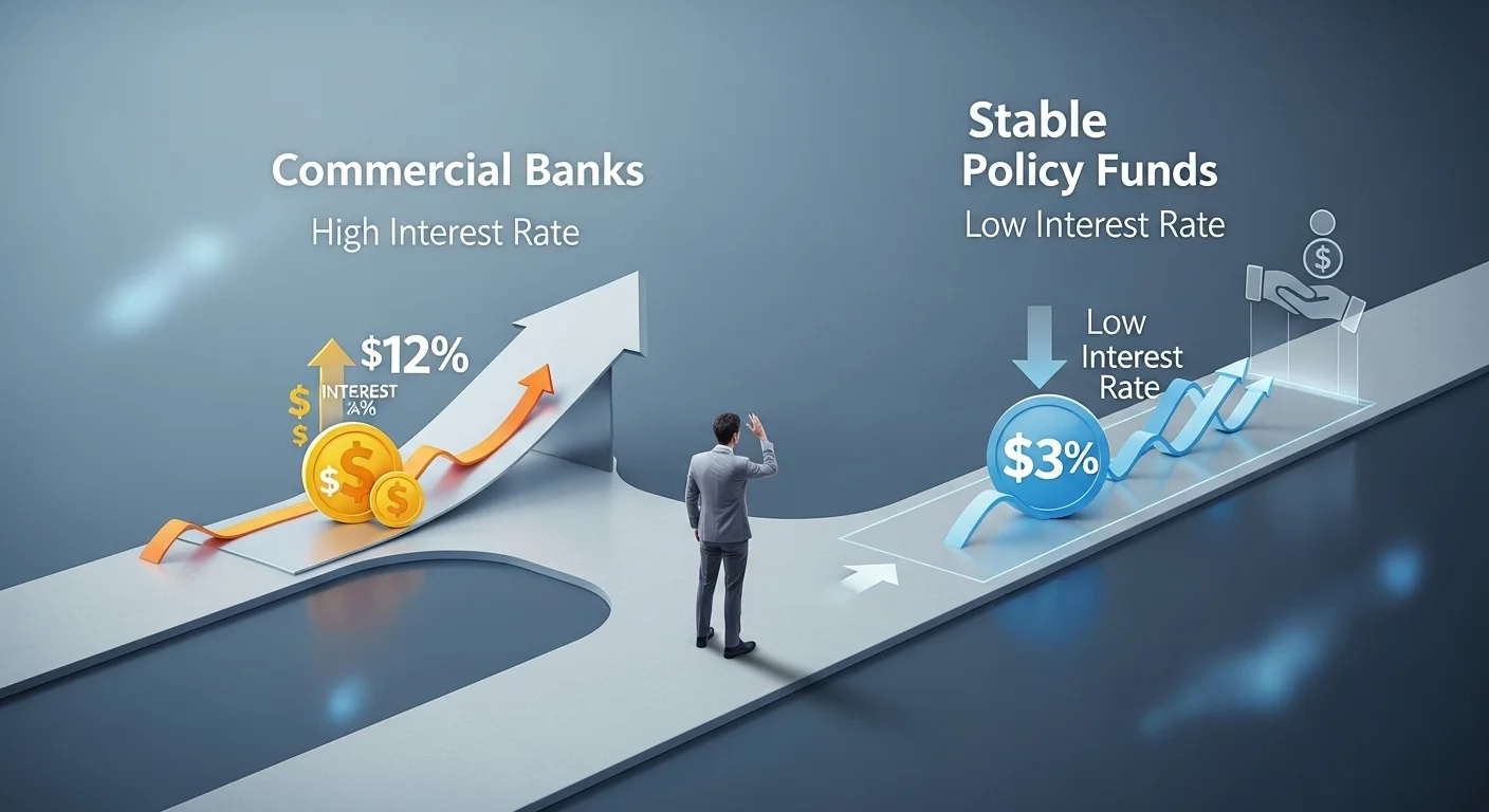 소상공인 사업자가 시중은행 대출과 정책자금 대출 사이에서 고민하는 모습. 낮은 금리를 상징하는 파란색 길과 빠른 심사를 상징하는 회색 길이 교차하는 지점에서 현명한 선택을 해야 하는 상황을 묘사합니다.