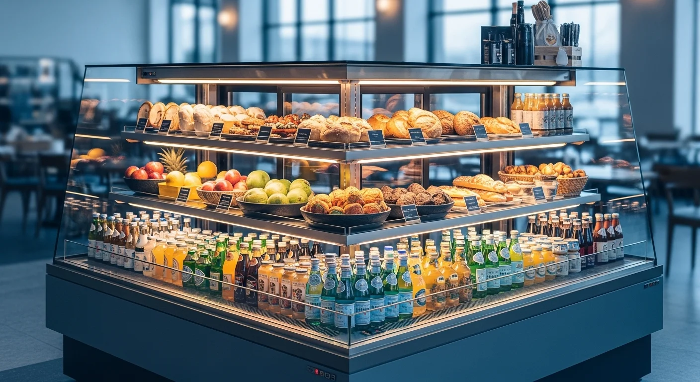 현대적인 블루-그레이 톤의 스마트 다단 쇼케이스에 신선한 제품들이 깔끔하게 진열되어 매장의 품격을 높이는 모습.