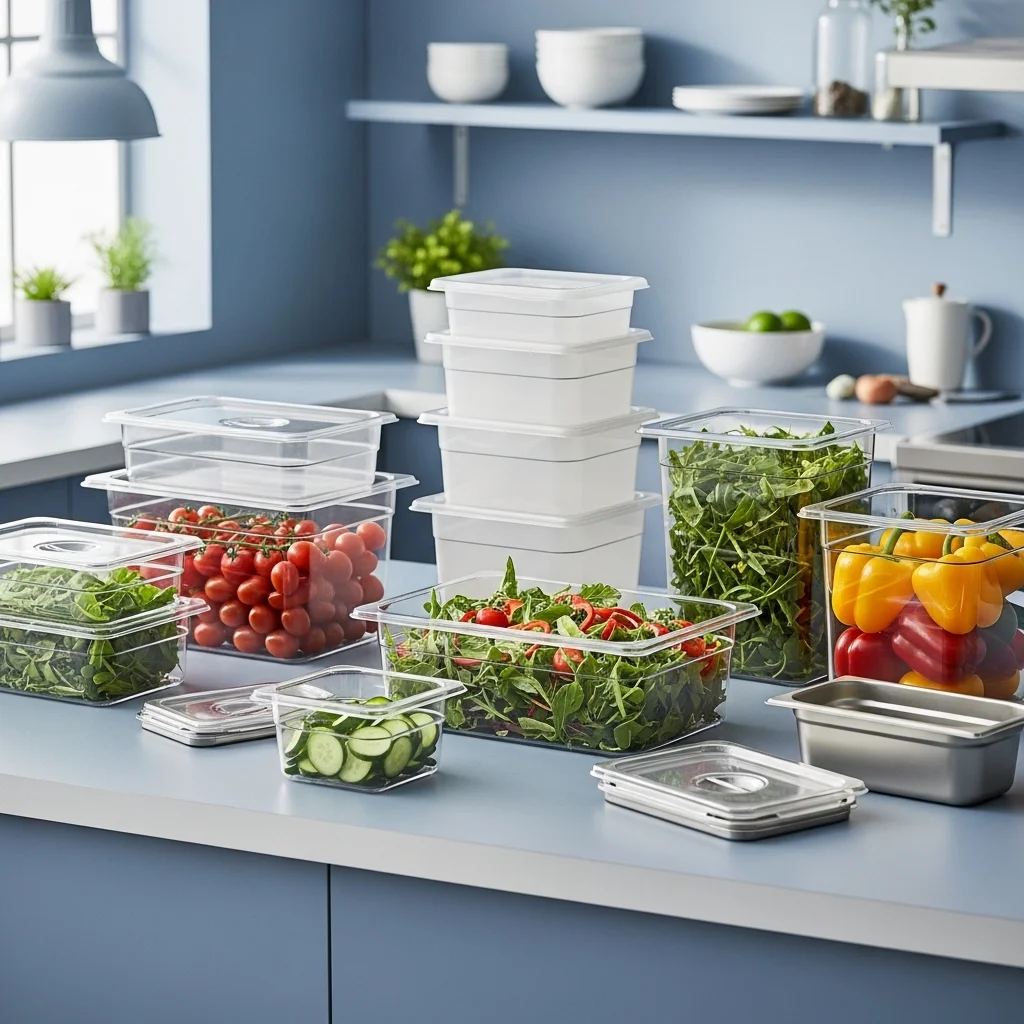 다양한 재질과 크기의 상업용 샐러드 보관 용기가 신선한 샐러드 재료와 함께 정돈된 현대식 주방 풍경. 위생적이고 효율적인 샐러드 사업 운영에 필수적인 보관 솔루션.
