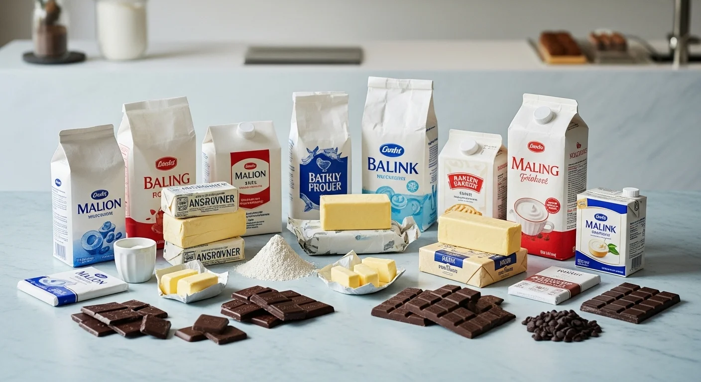 다양한 베이킹 재료들이 블루-그레이 톤 테이블에 정갈하게 놓여있는 모습. 밀가루, 버터, 생크림, 초콜릿 등 고급 디저트 창업을 위한 핵심 재료들이 강조되어 있습니다.