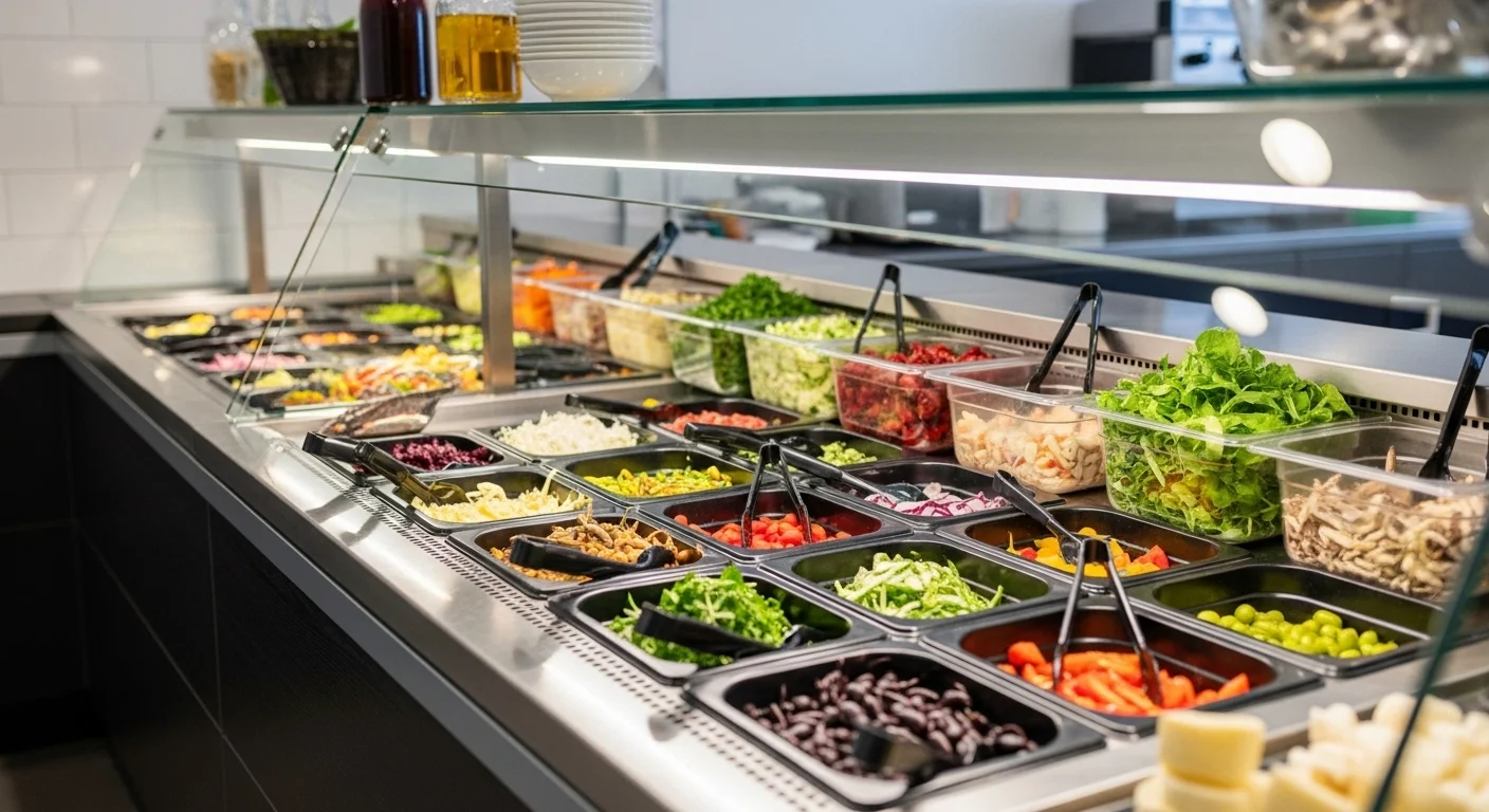 다채롭고 신선한 샐러드 재료들이 깔끔하게 정리된 현대적인 사업자용 샐러드 쇼케이스