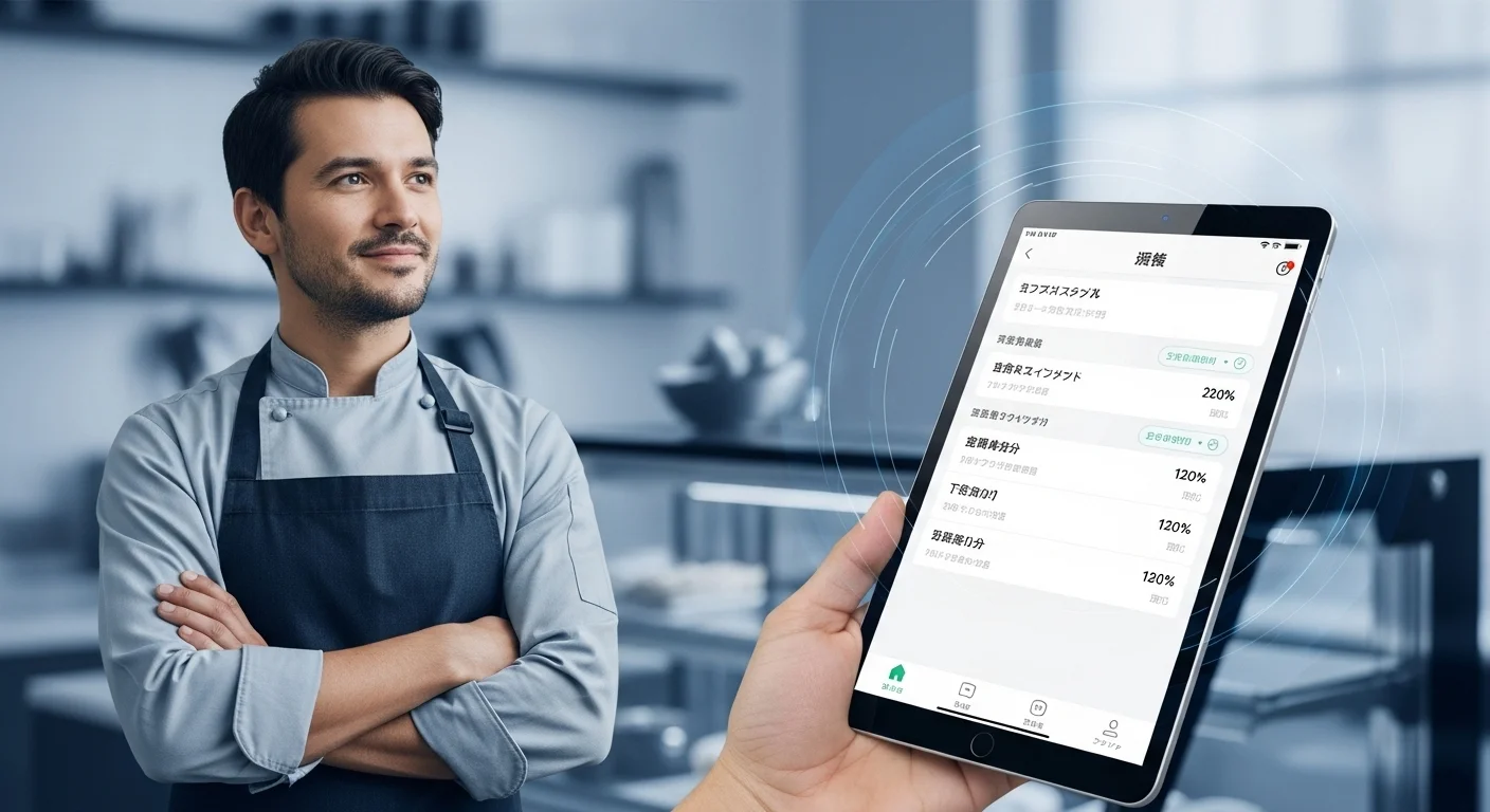 태블릿으로 배달의민족 앱을 확인하며 미소 짓는 성공적인 소상공인 사장님의 모습. 뒤편에는 깔끔한 주방과 음료 쇼케이스가 보이며, 배달 앱 성공을 상징합니다.