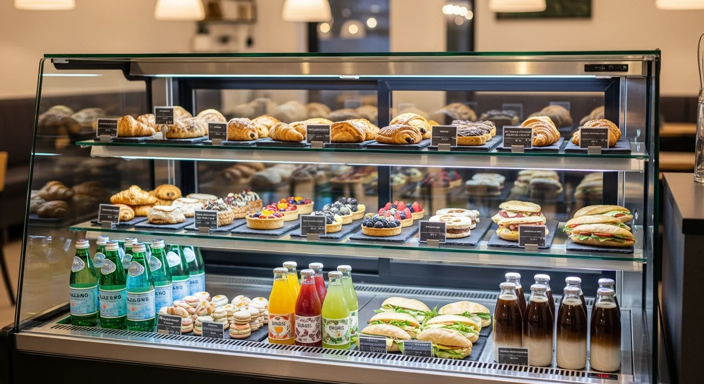 깨끗하고 현대적인 카페에 진열된 신선한 베이커리 제품과 음료로 가득 찬 업소용 냉장 쇼케이스.