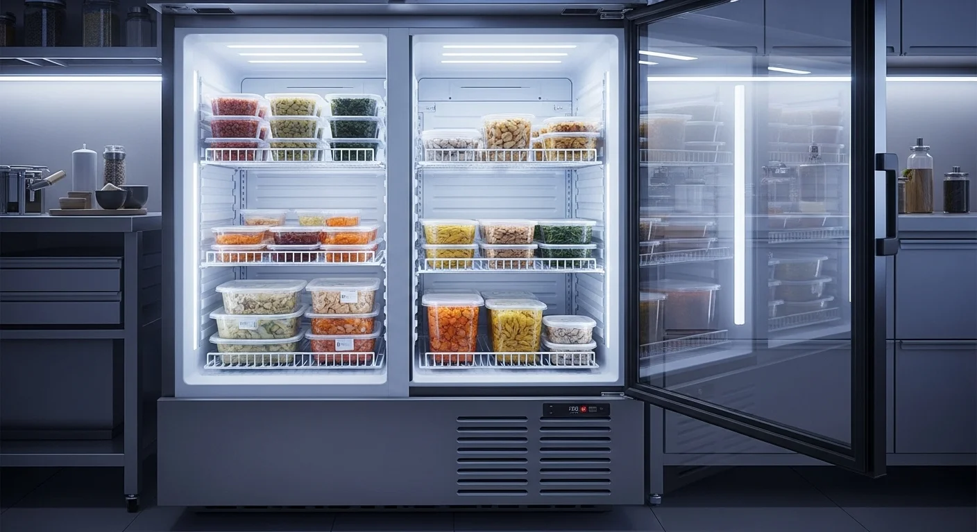 밀키트 재료가 신선하게 보관된 투명 문 상업용 냉동고의 내부 모습