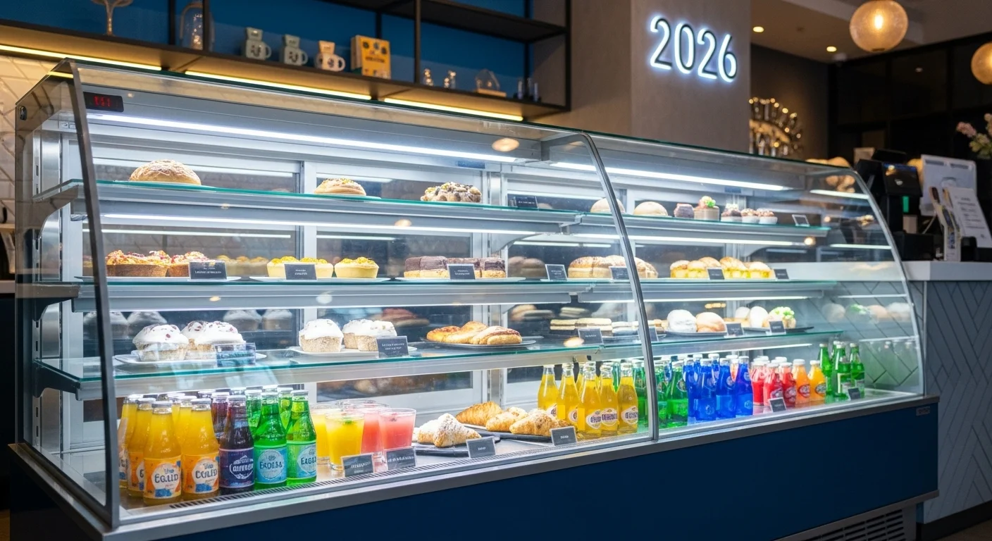 2026년 현대적인 카페에 진열된 신선한 디저트와 음료를 담은 세련된 냉장 쇼케이스. 가성비와 디자인을 강조하며, 초보 사장님들을 위한 쇼케이스 구매 가이드를 시사합니다.