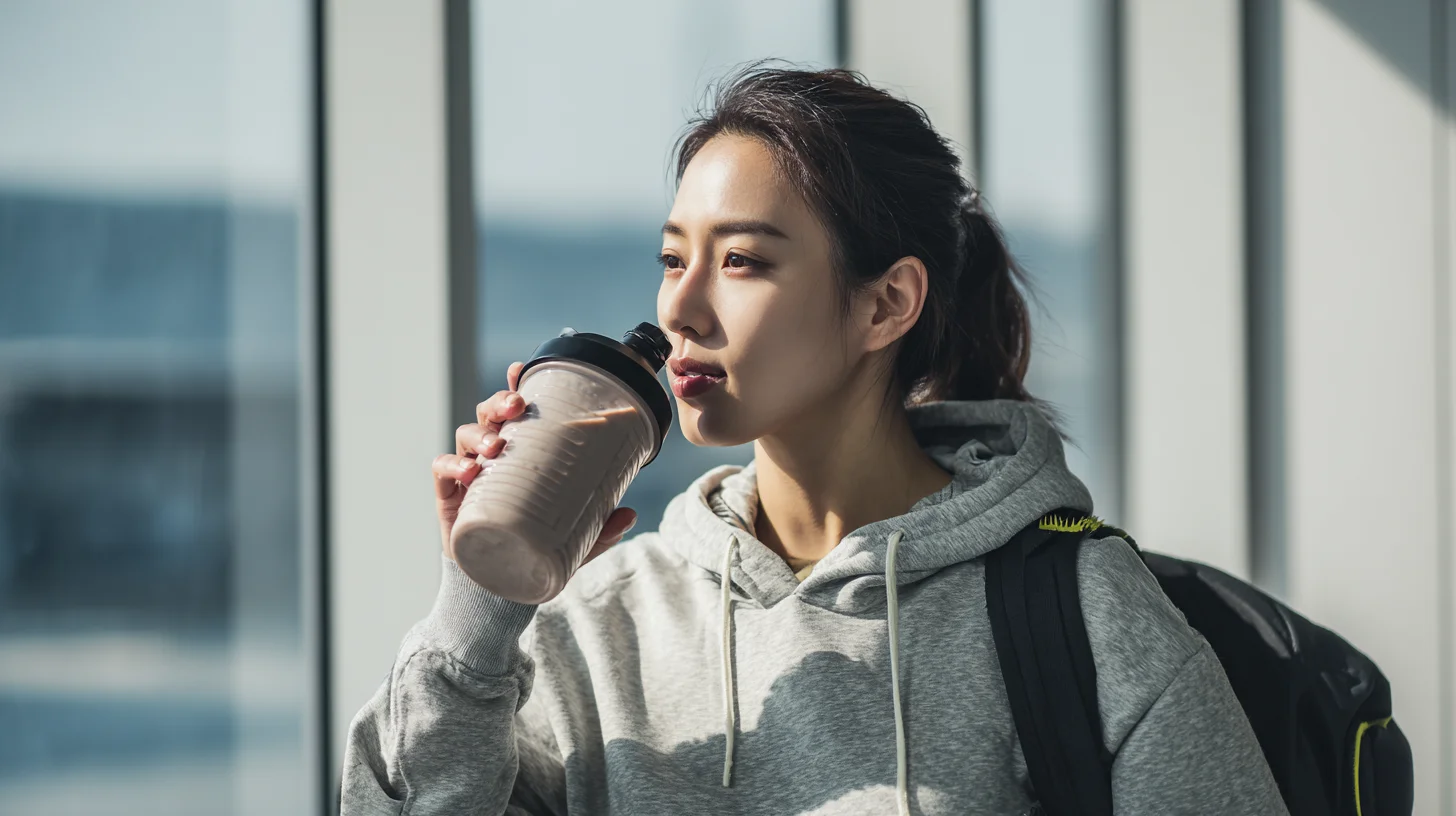 햇살을 받으며 프로틴 파우더를 마시는 모습