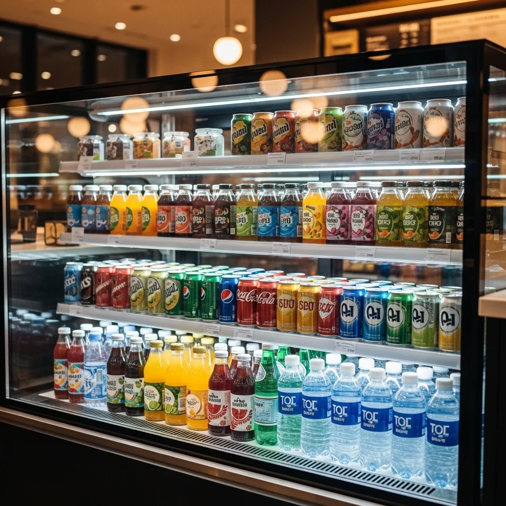 다양한 음료로 가득 찬 현대적인 업소용 음료 쇼케이스가 밝게 빛나는 카페 내부.