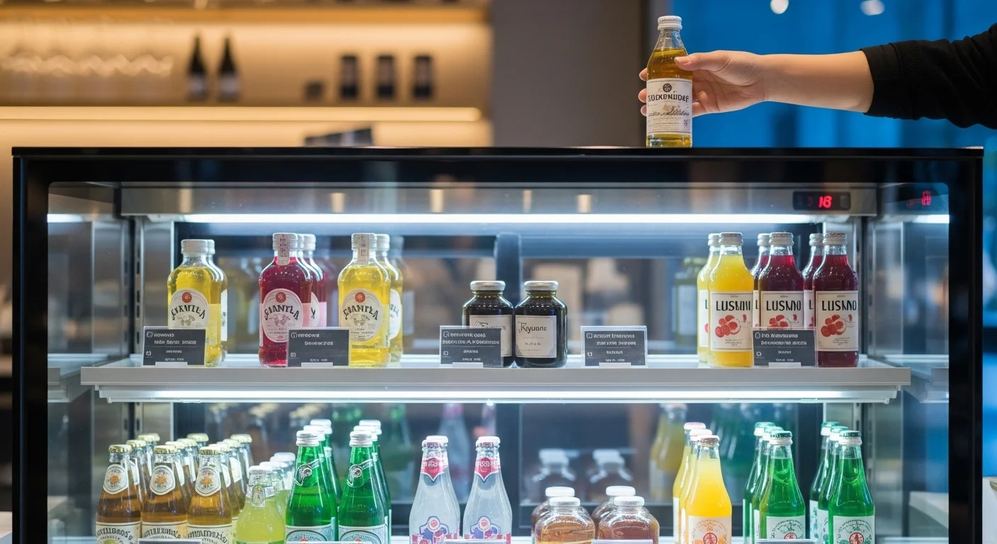 다양한 음료가 깔끔하게 진열된 현대적인 음료수 쇼케이스 앞에서 바리스타가 음료를 정리하는 모습