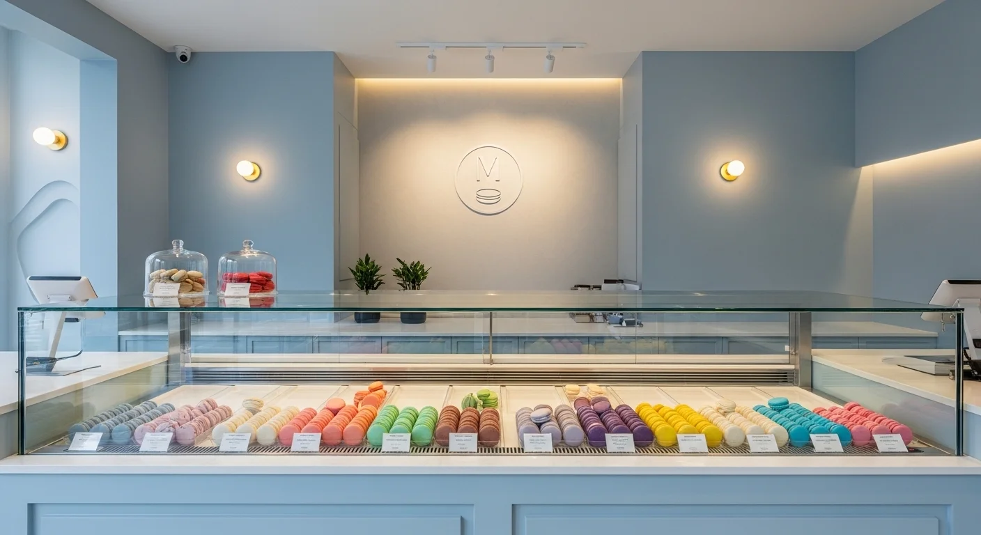 경쟁이 치열한 마카롱 시장에서 차별화된 브랜딩 전략으로 성공을 꿈꾸는 사업자를 위한, 고급스럽고 감각적인 마카롱 전문점의 전경