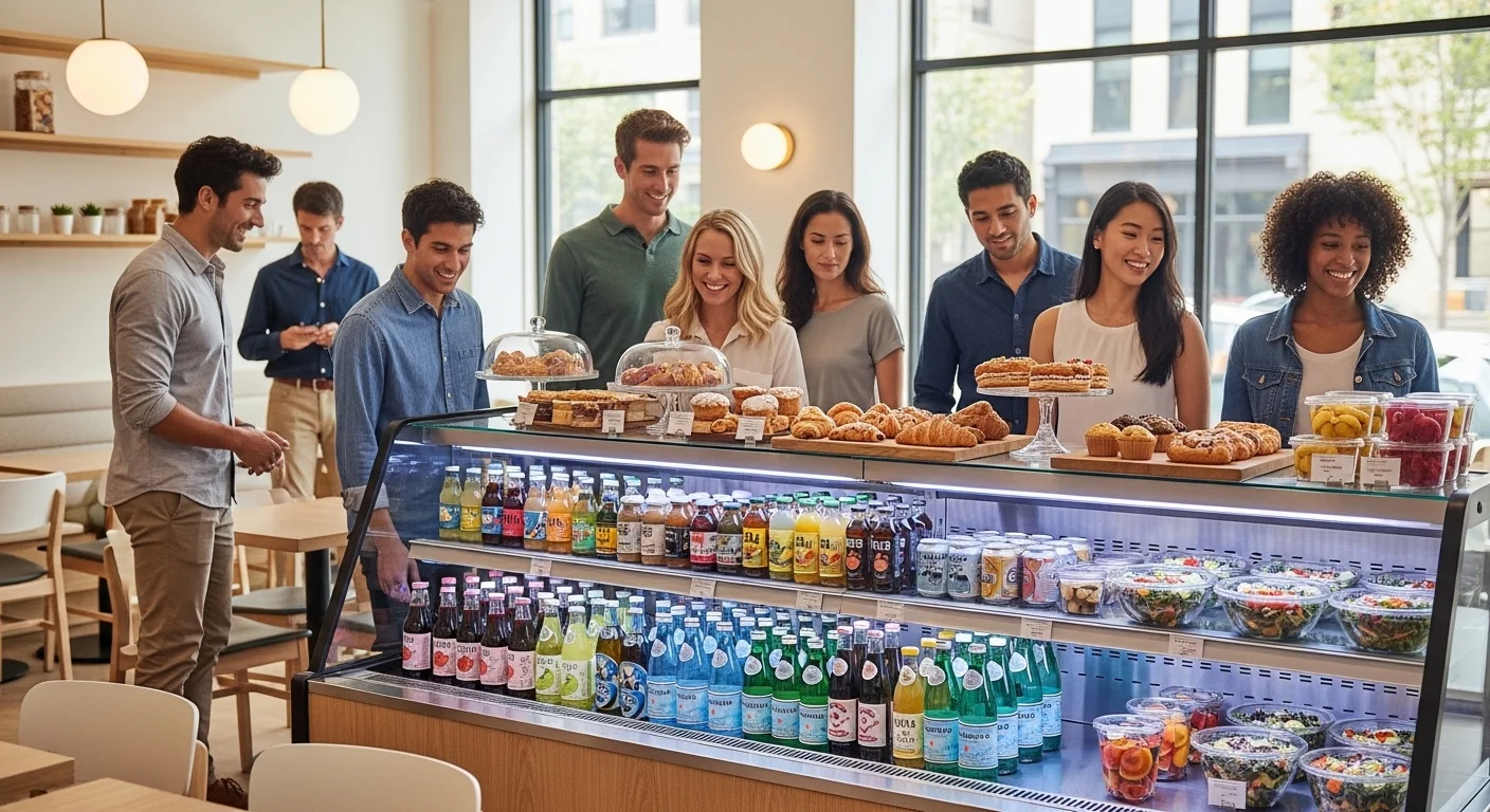 세련된 매장 내부에서 다양한 음료와 디저트가 진열된 오픈형 냉장고 앞에서 고객들이 제품을 구경하는 모습. 현대적이고 깨끗한 분위기.