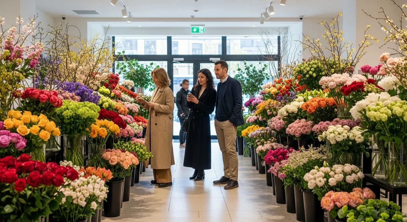 2026년 최신 꽃 트렌드를 반영하여 화려하게 꾸며진 현대적인 플라워샵 쇼케이스, 신선하고 다채로운 꽃들이 돋보이는 모습