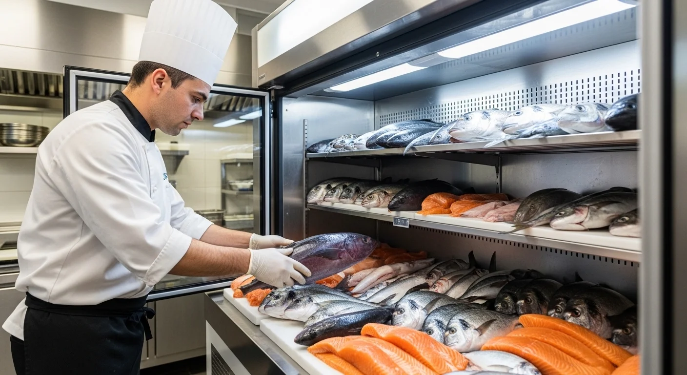 전문 셰프가 깨끗한 상업용 생선냉장고에 신선한 참치와 연어를 정리하는 모습