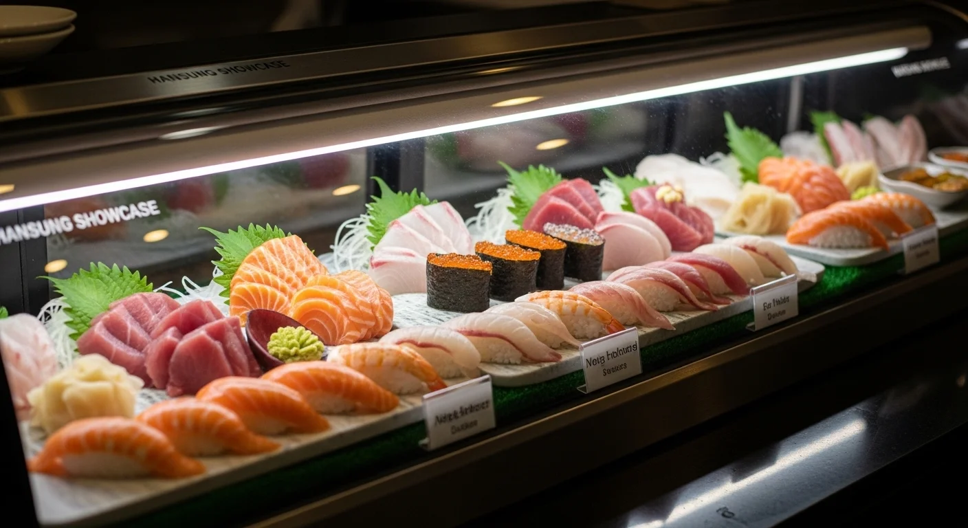 전문 일식당에 진열된 신선하고 먹음직스러운 초밥과 사시미가 가득한 한성쇼케이스, 위생적이고 정돈된 모습.