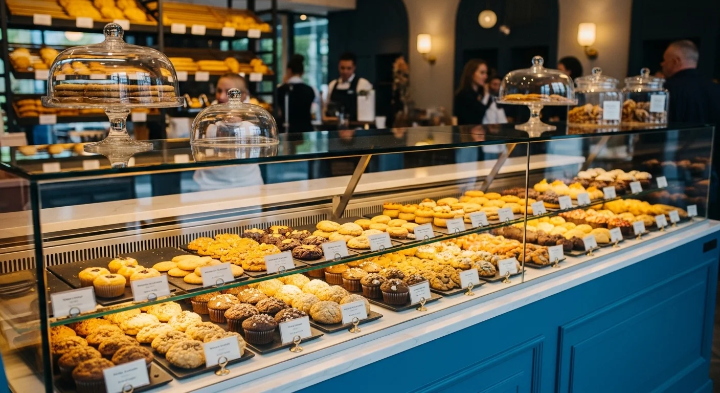 다양한 종류의 신선한 쿠키와 디저트가 진열된 현대적이고 세련된 유리 쿠키 쇼케이스. 고객의 시선을 사로잡는 고급스러운 카페 인테리어와 어우러져 디저트의 신선함과 매력을 강조합니다.