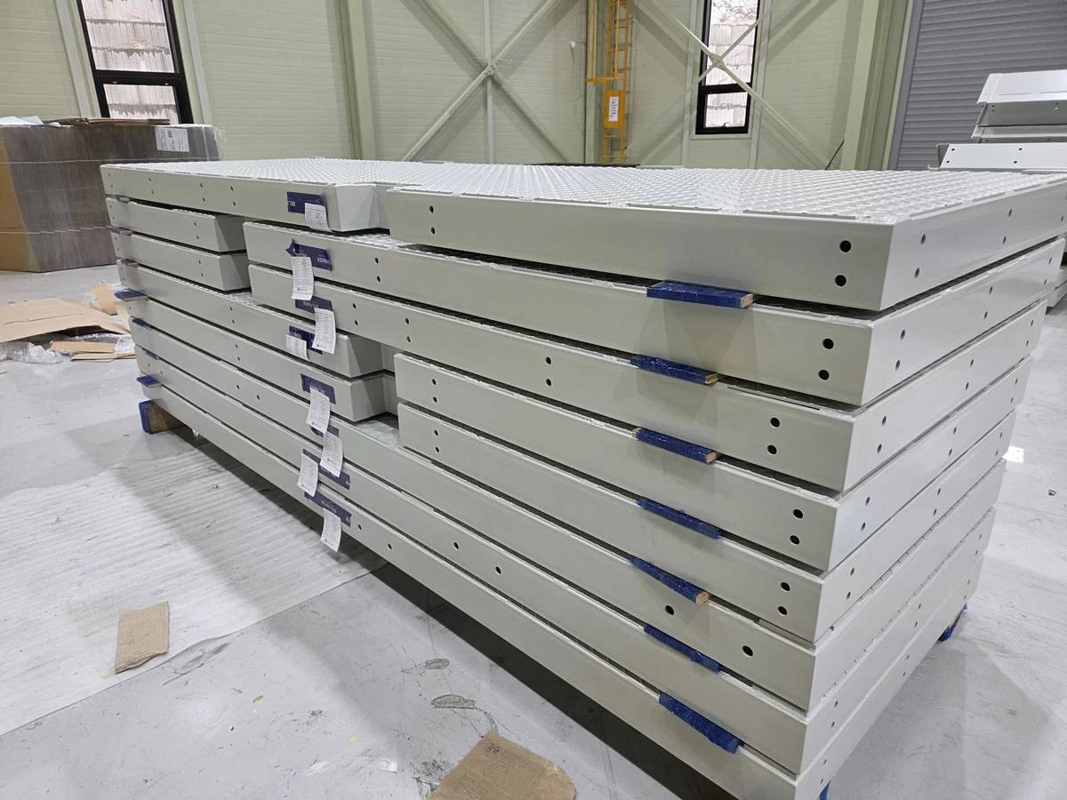 Production batch of steel platforms with QC labels ready for export to USA