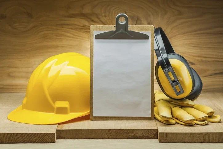 노란색 안전모, 안전장갑, 안전 헤드폰과 하얀색 게시판 보드가 세워져있는 모습