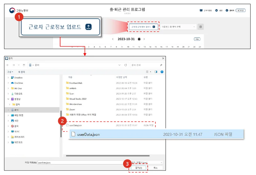 근로자 근로정보를 관리자용 프로그램에 업로드 하는 과정