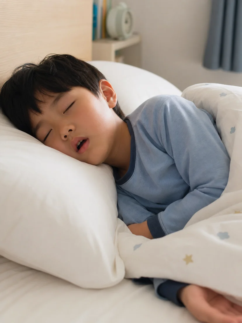 잠자는 아이의 코골이와 입호흡을 보호자가 관찰하는 생활 장면
