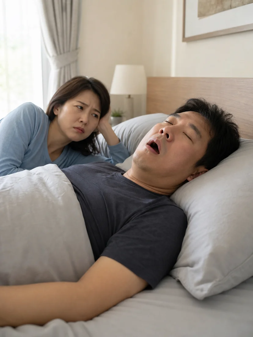 바로 누울 때와 옆으로 누울 때 코골이 차이를 관찰하는 수면 상황 이미지