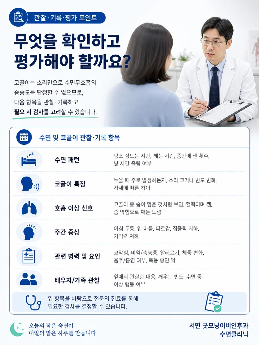 수면 자세와 코골이 및 호흡 변화를 함께 평가하는 진료 과정 이미지